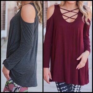 Infinity Raine Charcoal and Wine Cold Shoulder Tops